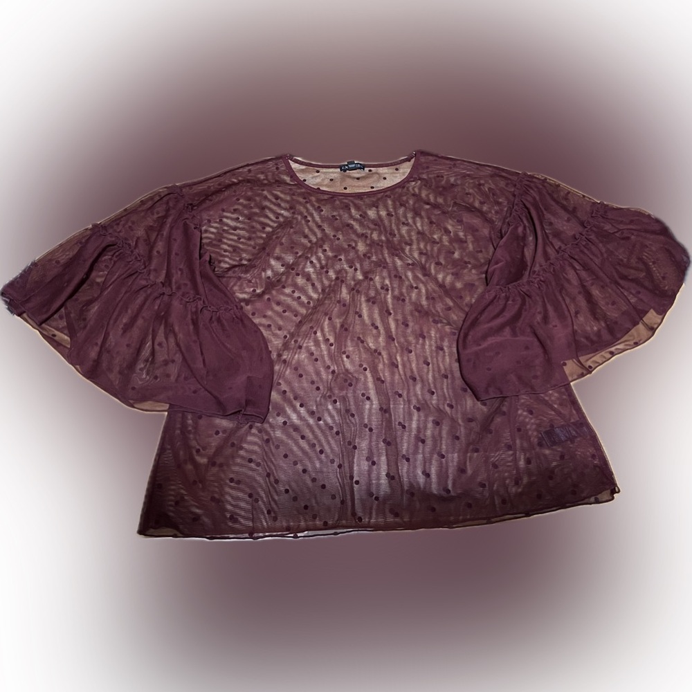 Express Sheer Burgundy Top with Polka Dots Top & Bell Sleeves - Size Medium